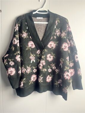 Dex Black V-Neck Sweater with Pink Floral Motif
